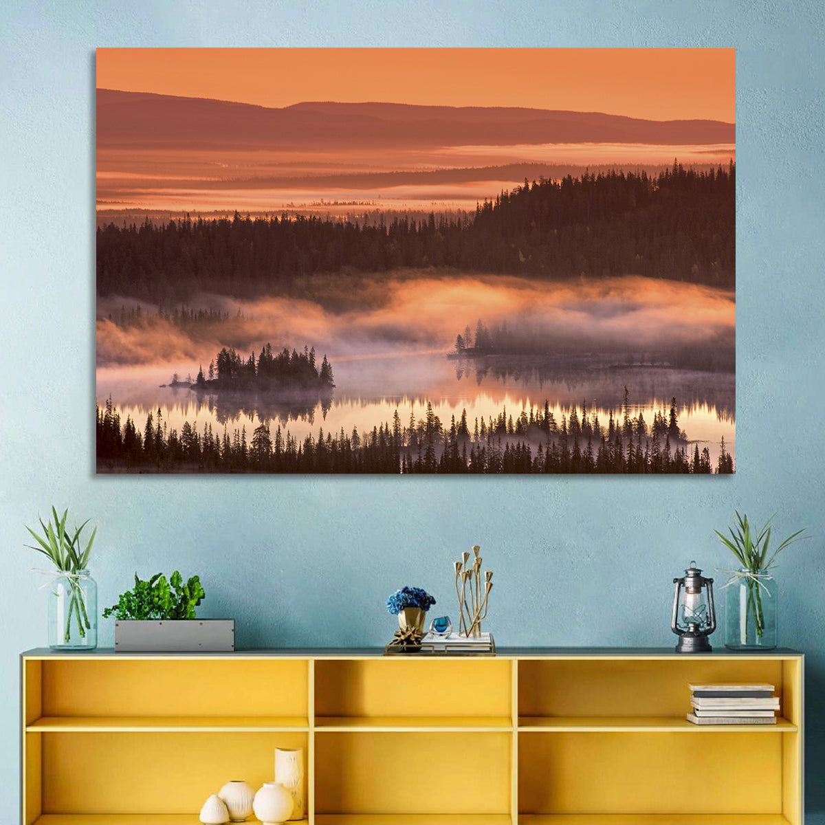 Lapland Sunrise Over Misty Lake Wall Art in a room, landscape