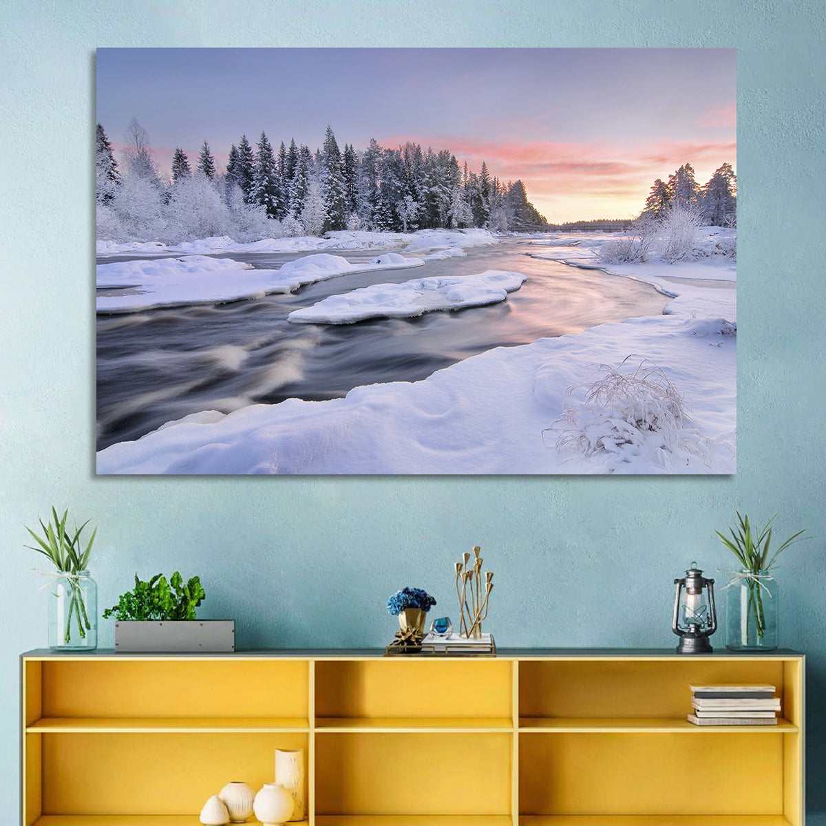 Kiiminkijoki Winter Sunrise Wall Art in a room, landscape