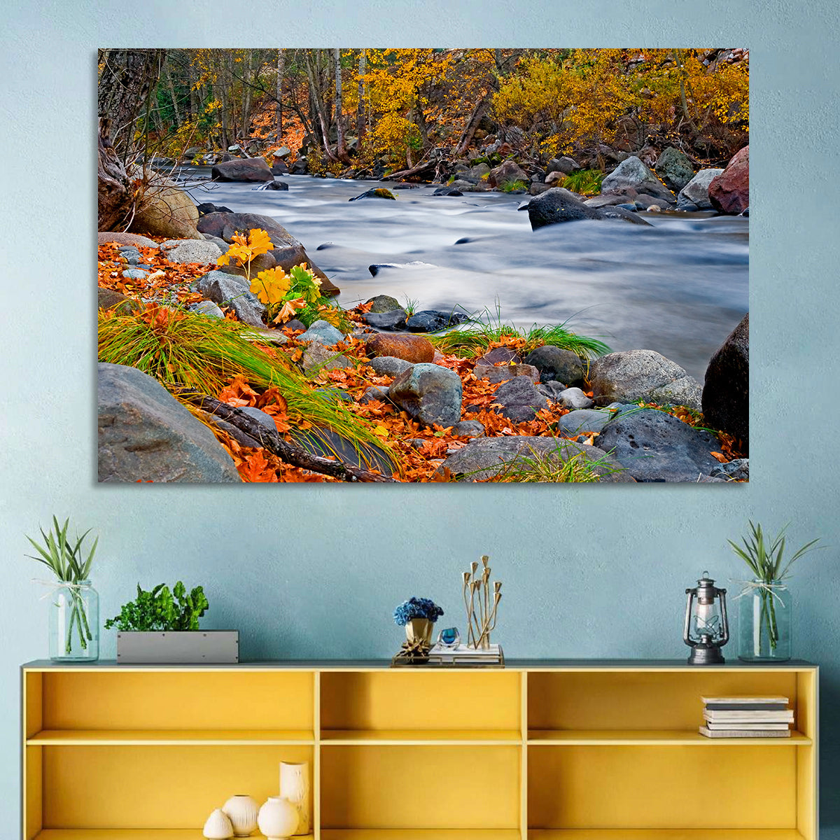 Golden Autumn Forest Creek Wall Art in a room, landscape