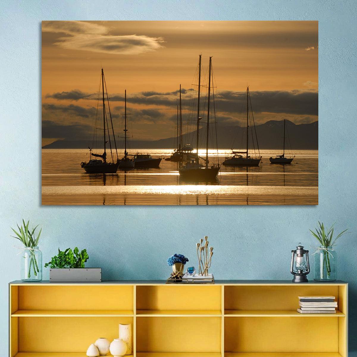 Sailboats at Sunrise Wall Art in a room, landscape