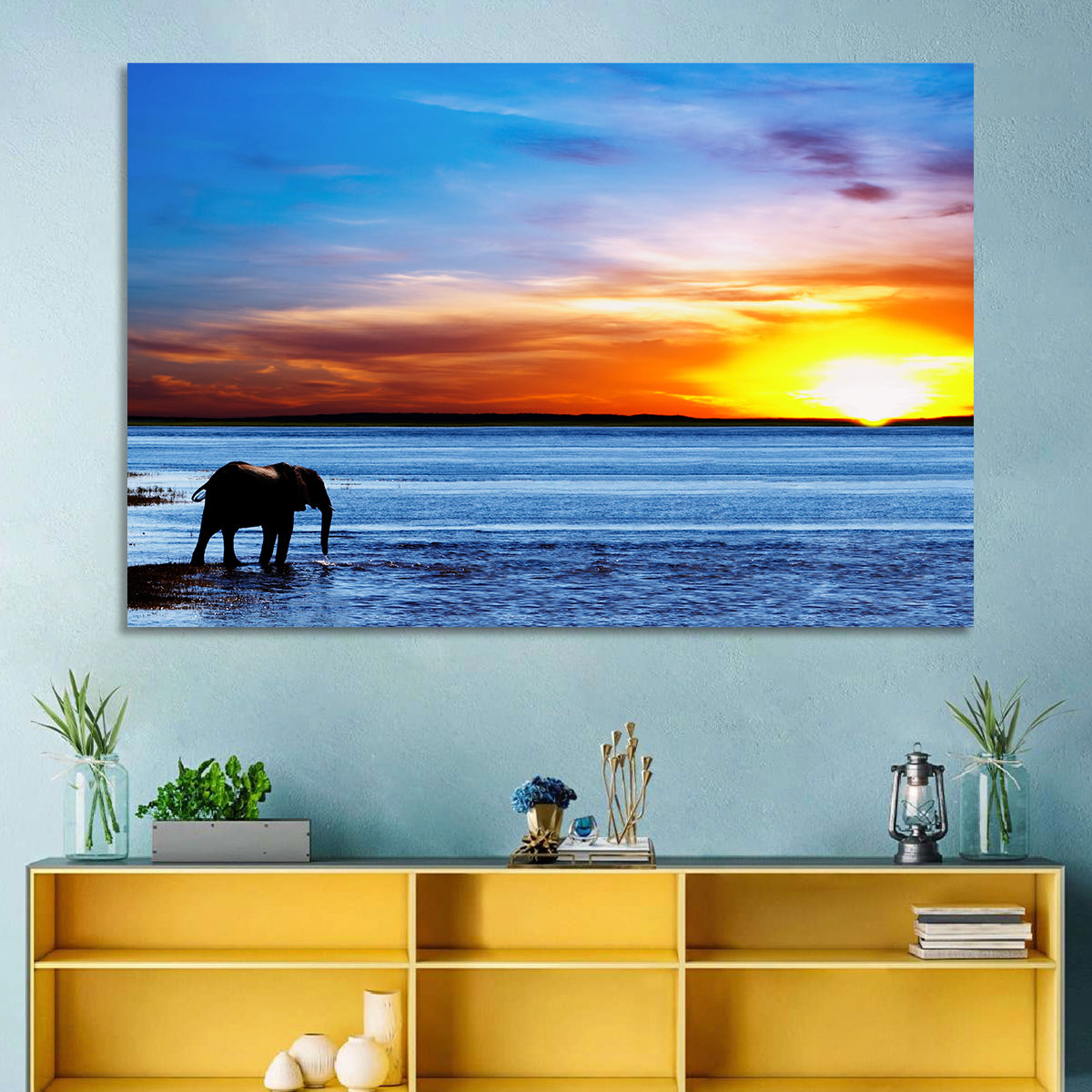 Elephant Silhouette at Beach Sunset Wall Art in a room, landscape