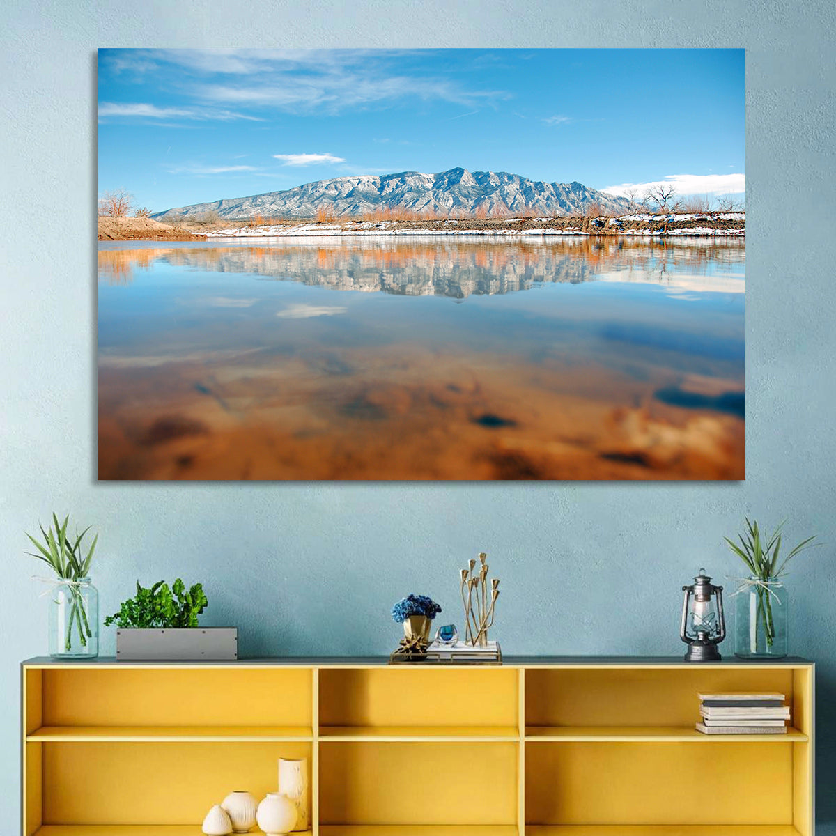 Rio Grande at Sandia Mountains Wall Art in a room, landscape