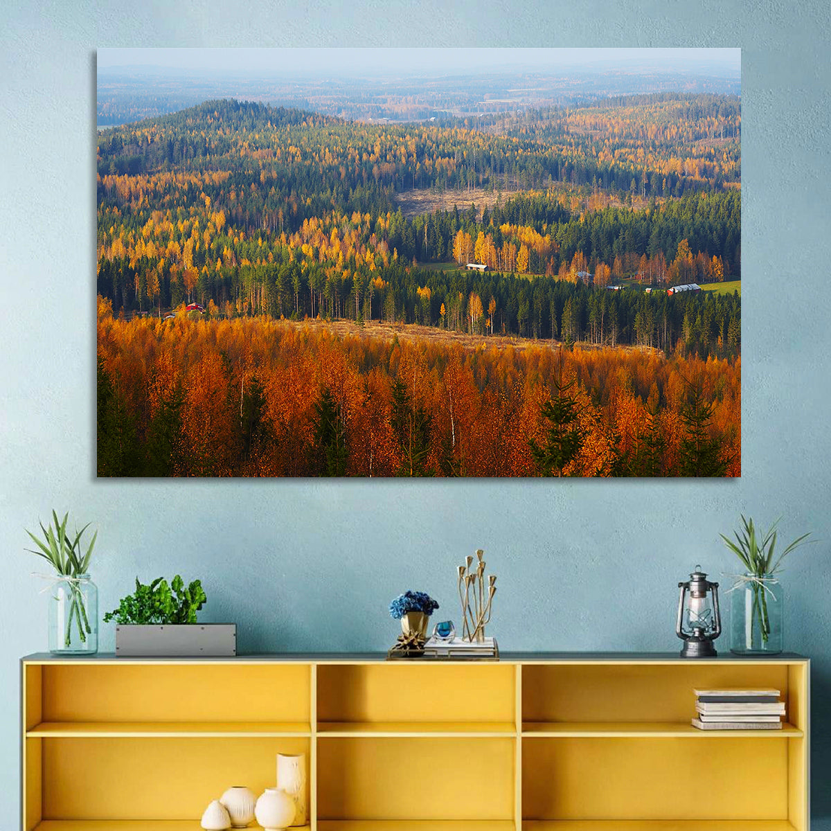 Finnish Autumn Landscape with Red-roofed House Wall Art in a room, landscape