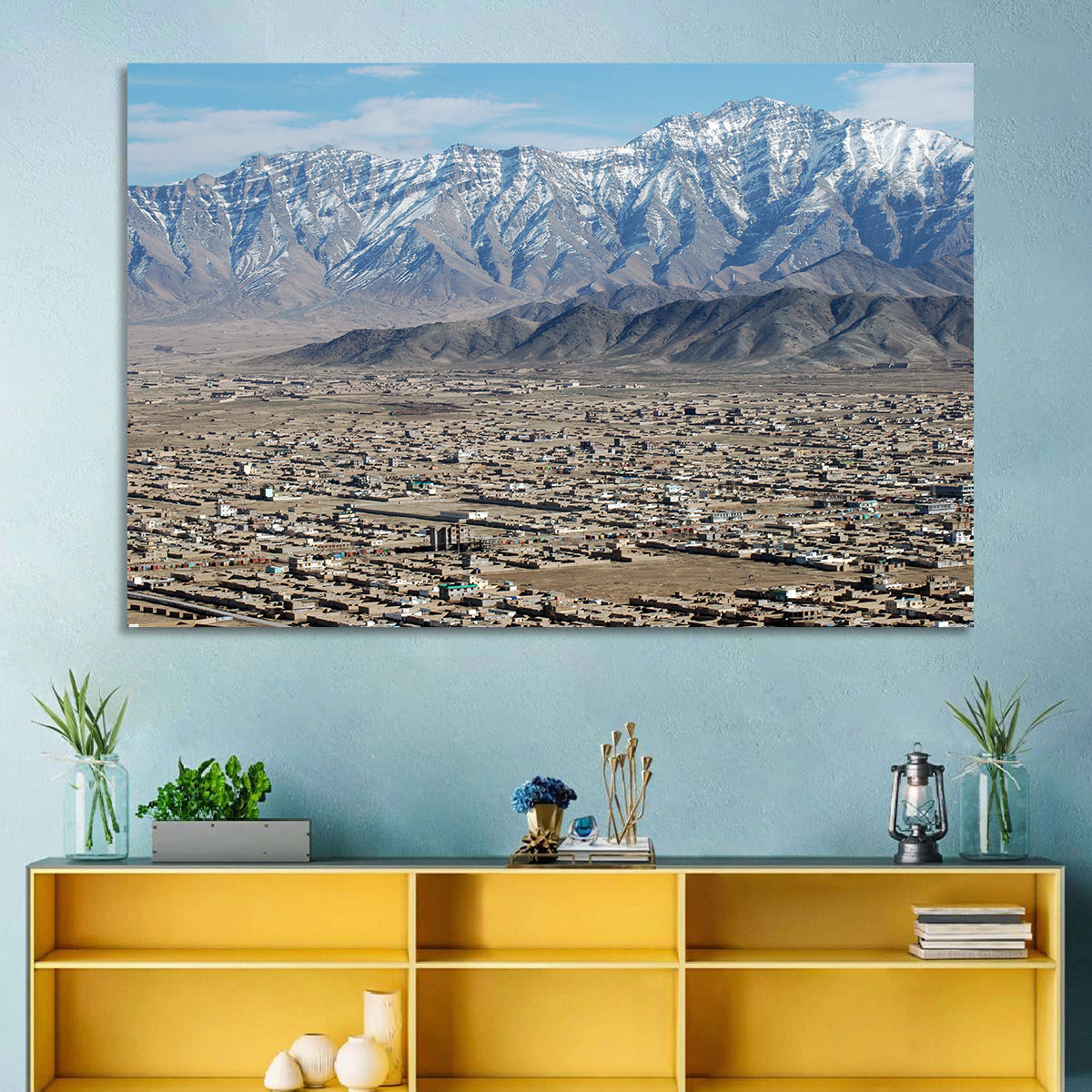 Kabul from Above with Snow-capped Mountains Wall Art in a room, landscape
