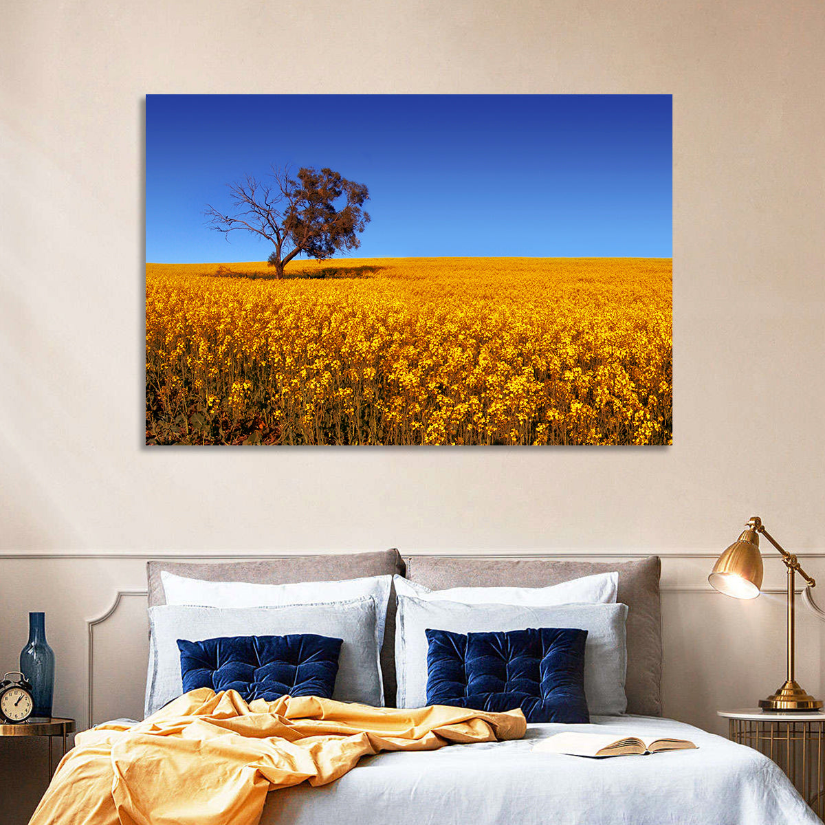 Canola Field with Lone Tree Wall Art in a room, landscape