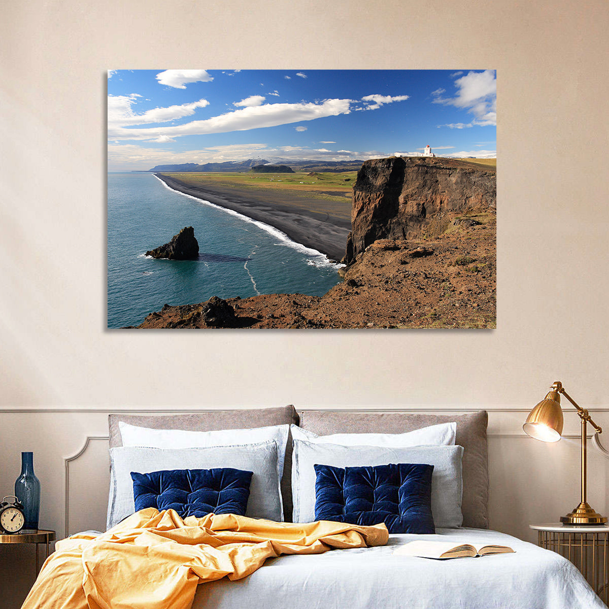 Dyrhólaey Black Sand Beach and Sea Stack Wall Art in a room, landscape