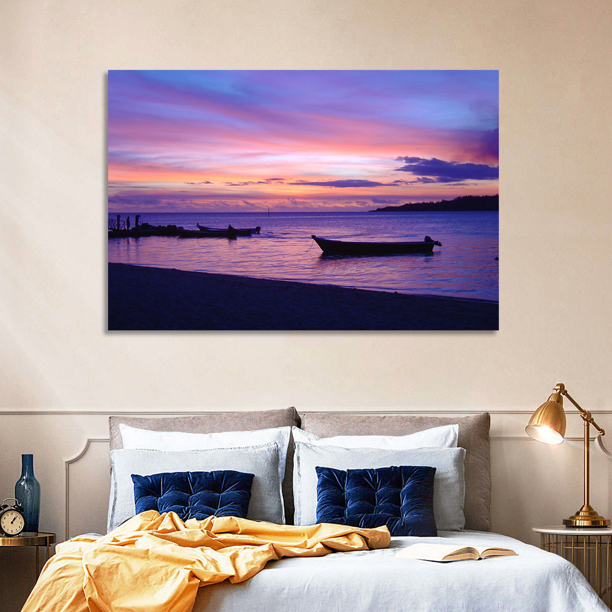 Malolo Island Sunset with Moored Boats Wall Art in a room, landscape