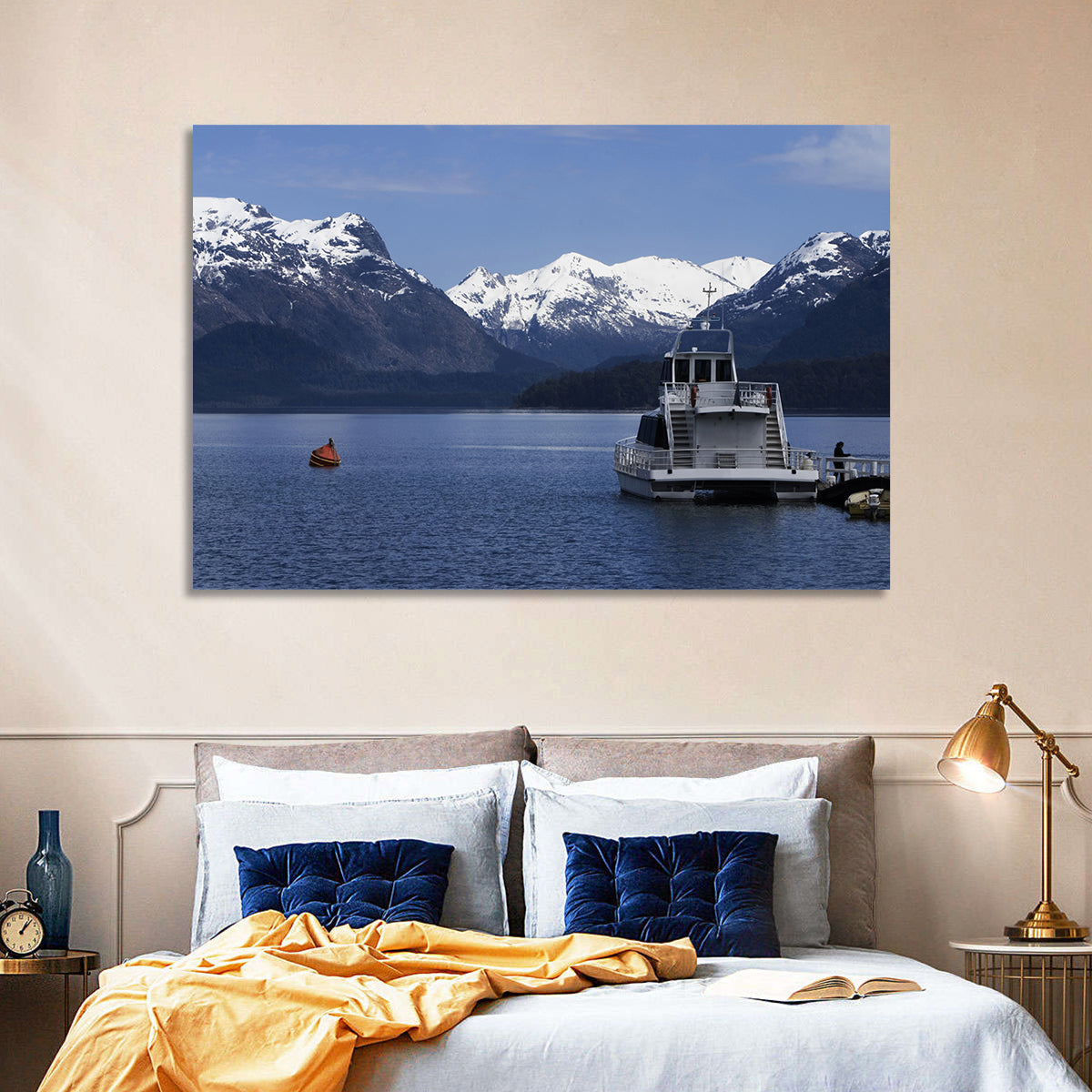 Lake Nahuel Huapi Catamaran and Snow-capped Mountains Wall Art in a room, landscape