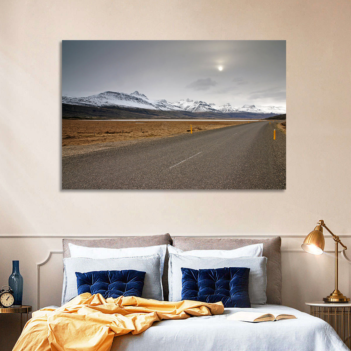 Icelandic Road to Snow-capped Mountains Wall Art in a room, landscape