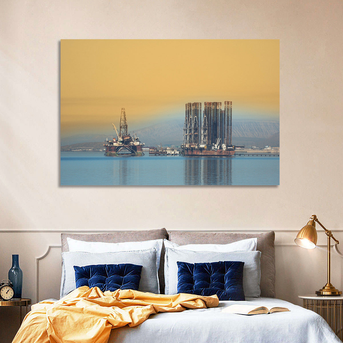 Baku Oil Rigs at Dusk Wall Art in a room, landscape