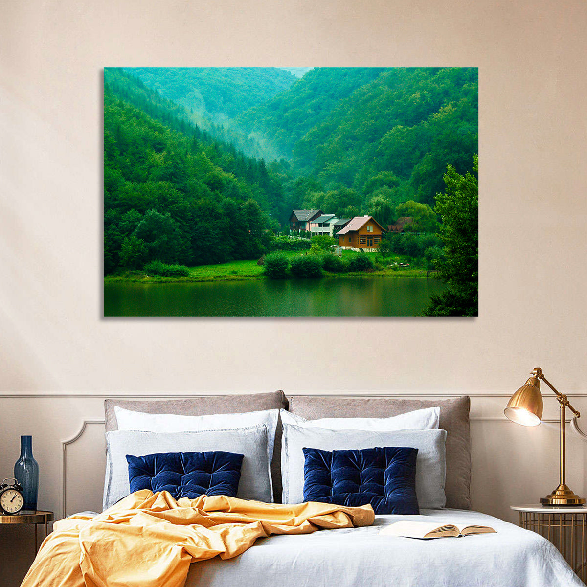 Mist Over Lake Tarnita Wall Art in a room, landscape