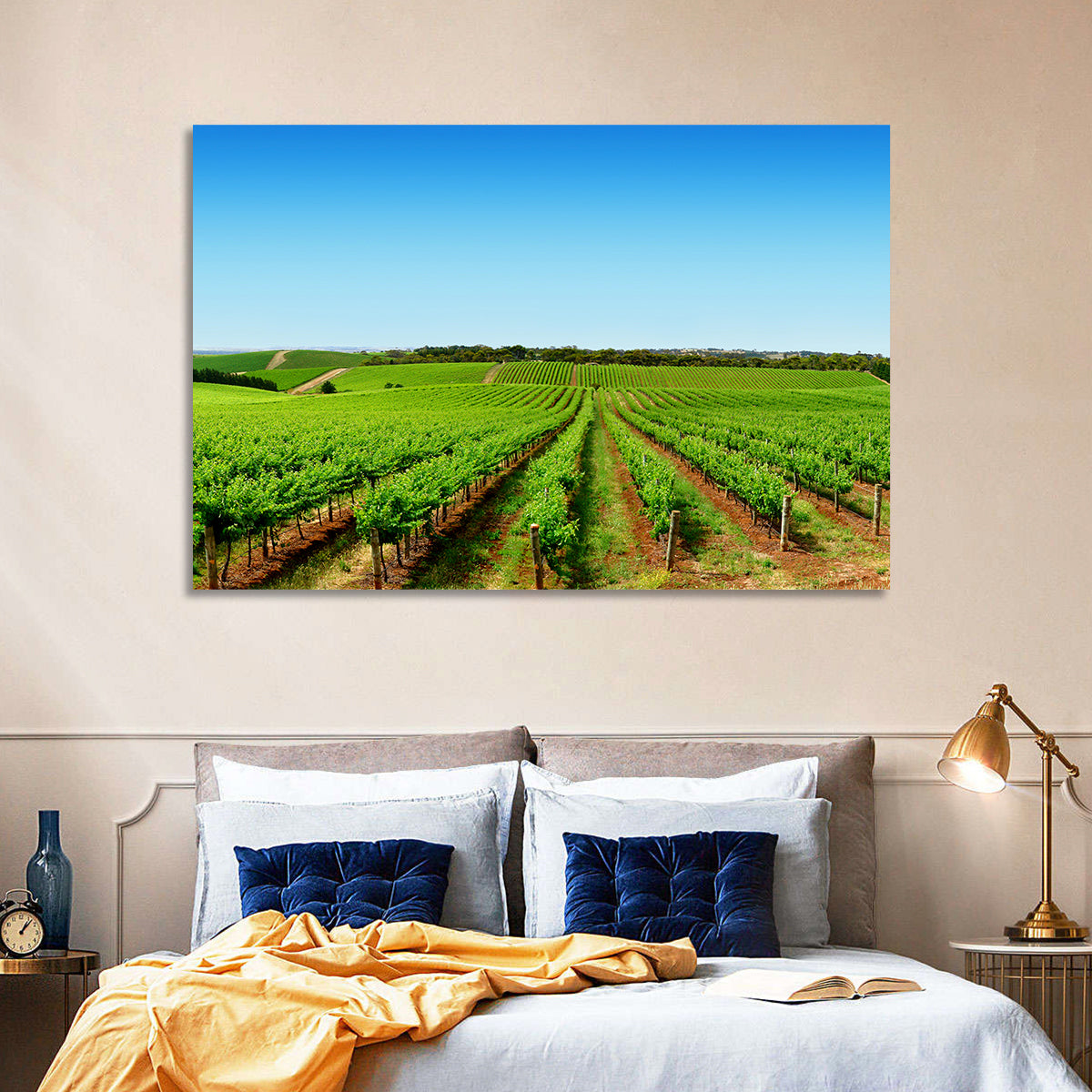Sunlit Vineyard Rows Wall Art in a room, landscape