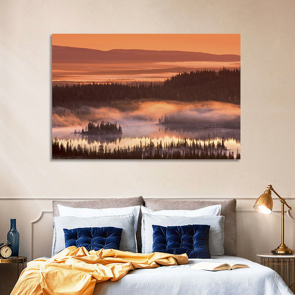 Lapland Sunrise Over Misty Lake Wall Art in a room, landscape