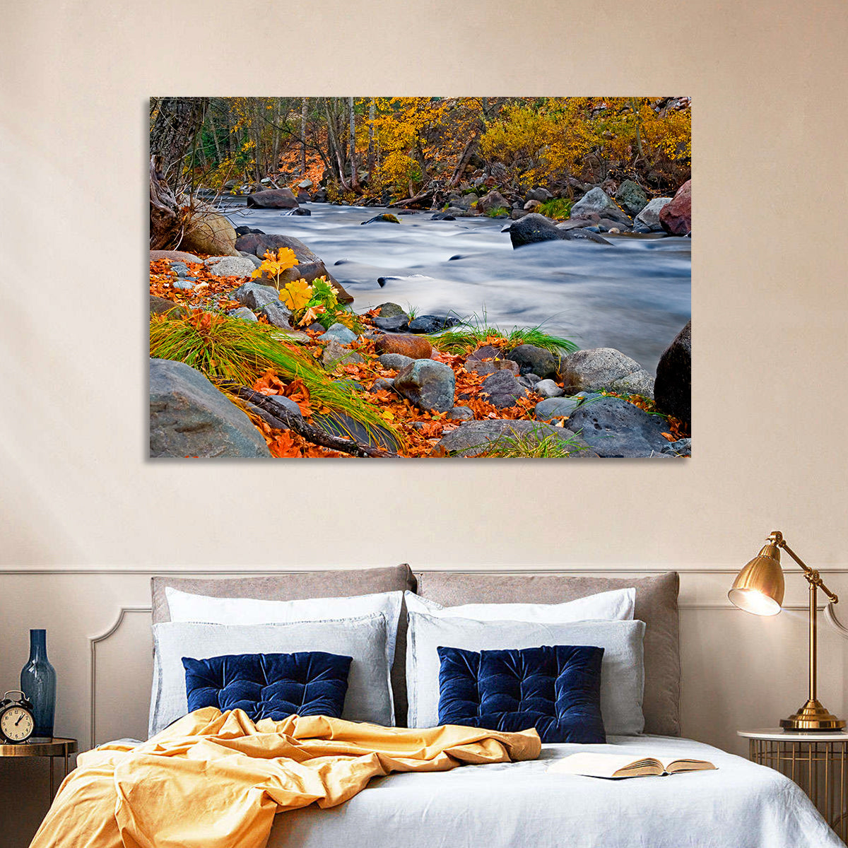 Golden Autumn Forest Creek Wall Art in a room, landscape