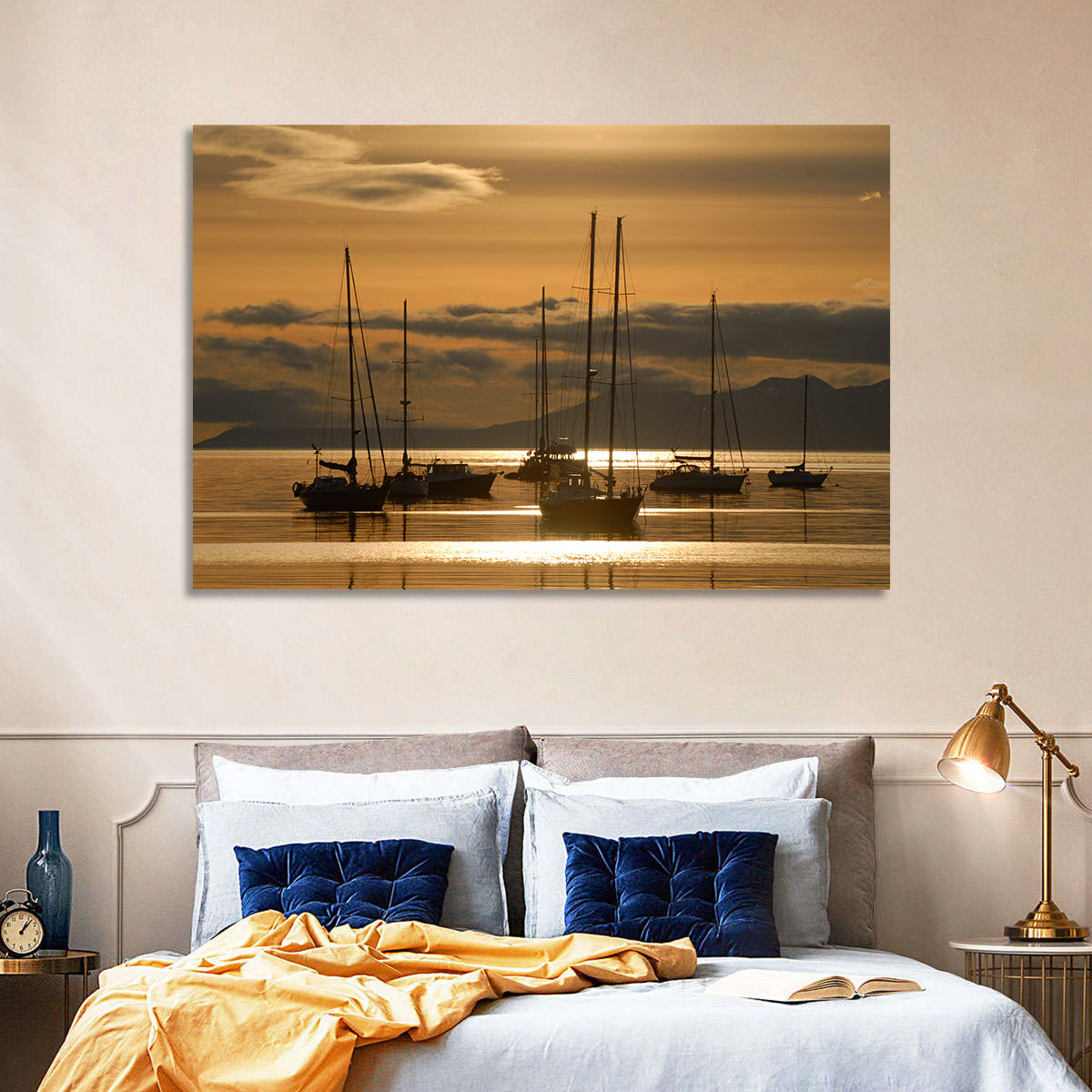 Sailboats at Sunrise Wall Art in a room, landscape