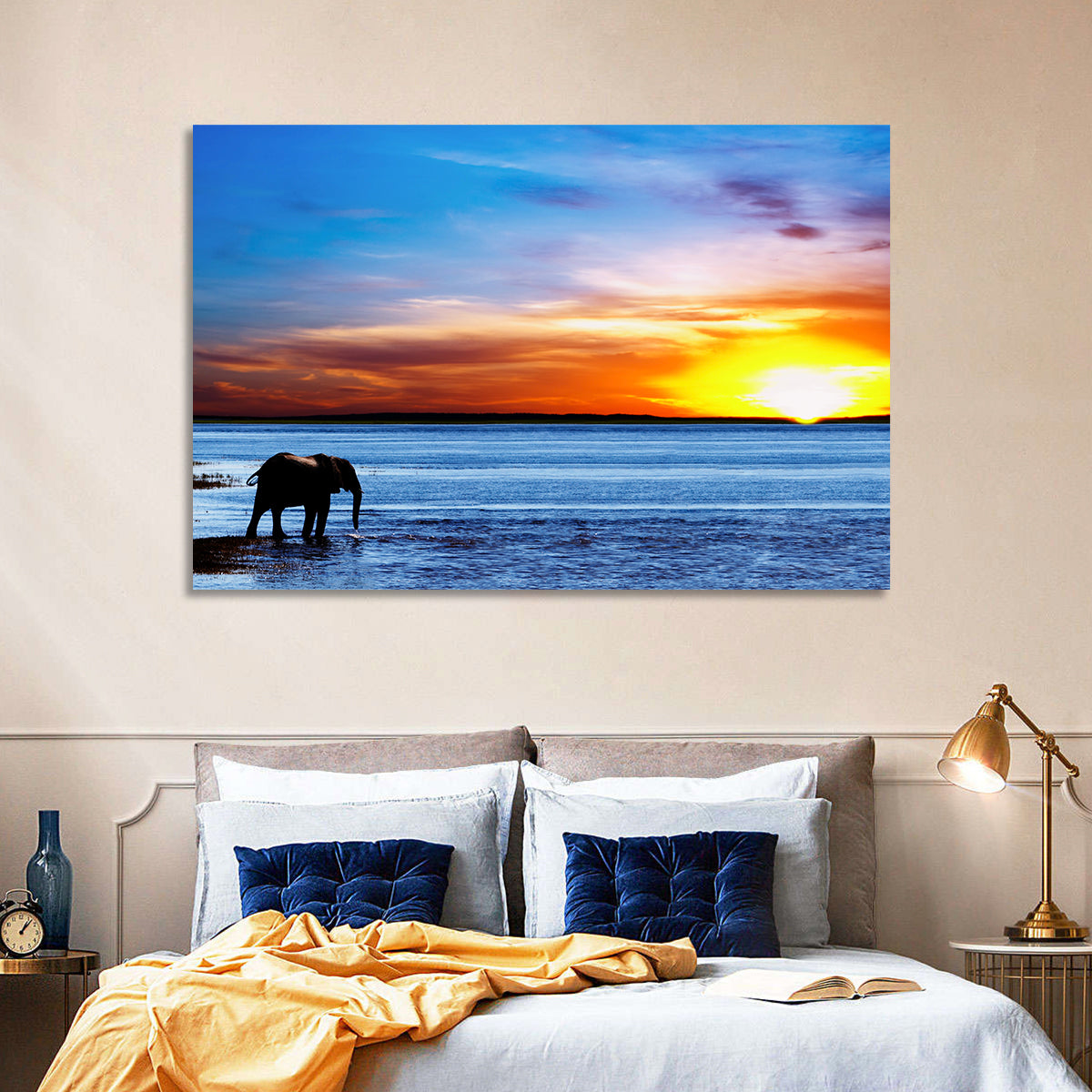 Elephant Silhouette at Beach Sunset Wall Art in a room, landscape