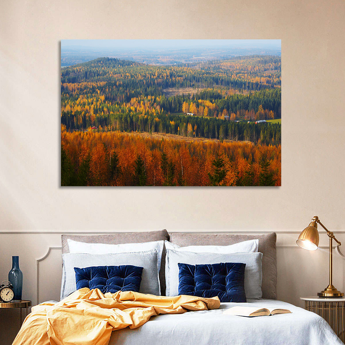 Finnish Autumn Landscape with Red-roofed House Wall Art in a room, landscape