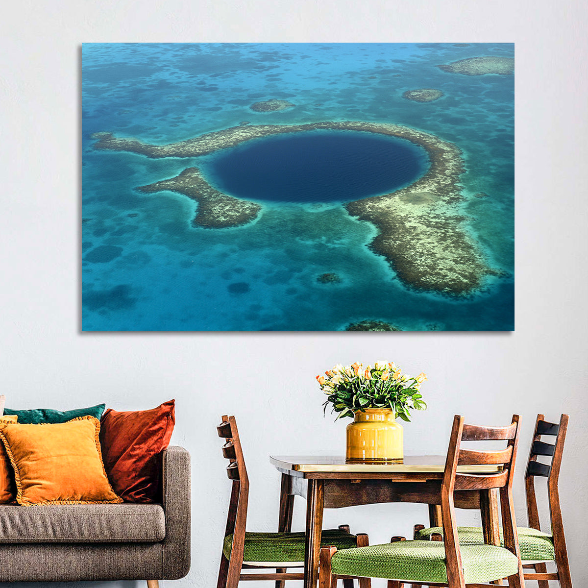 Great Blue Hole Aerial View Belize Wall Art in a room, landscape
