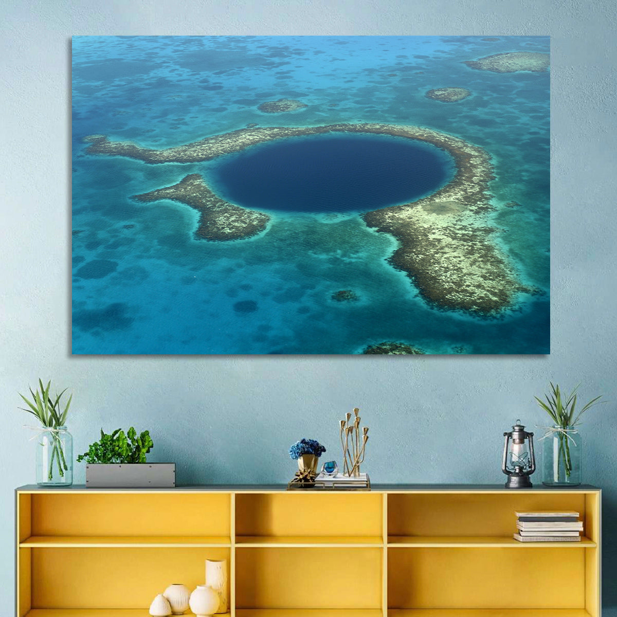 Great Blue Hole Aerial View Belize Wall Art in a room, landscape