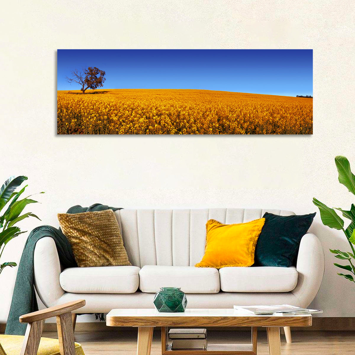 Canola Field with Lone Tree Wall Art in a room, panoramic