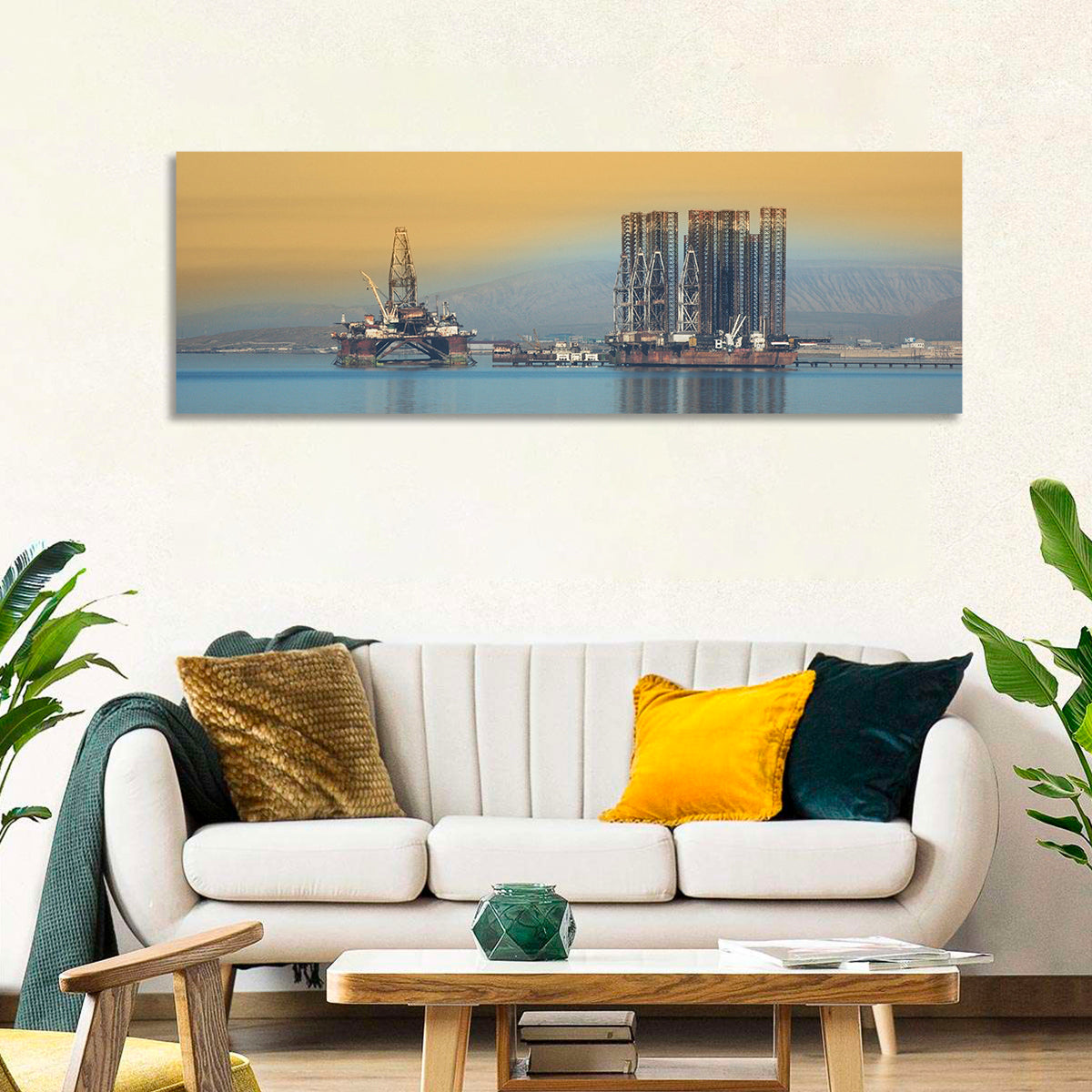 Baku Oil Rigs at Dusk Wall Art in a room, panoramic