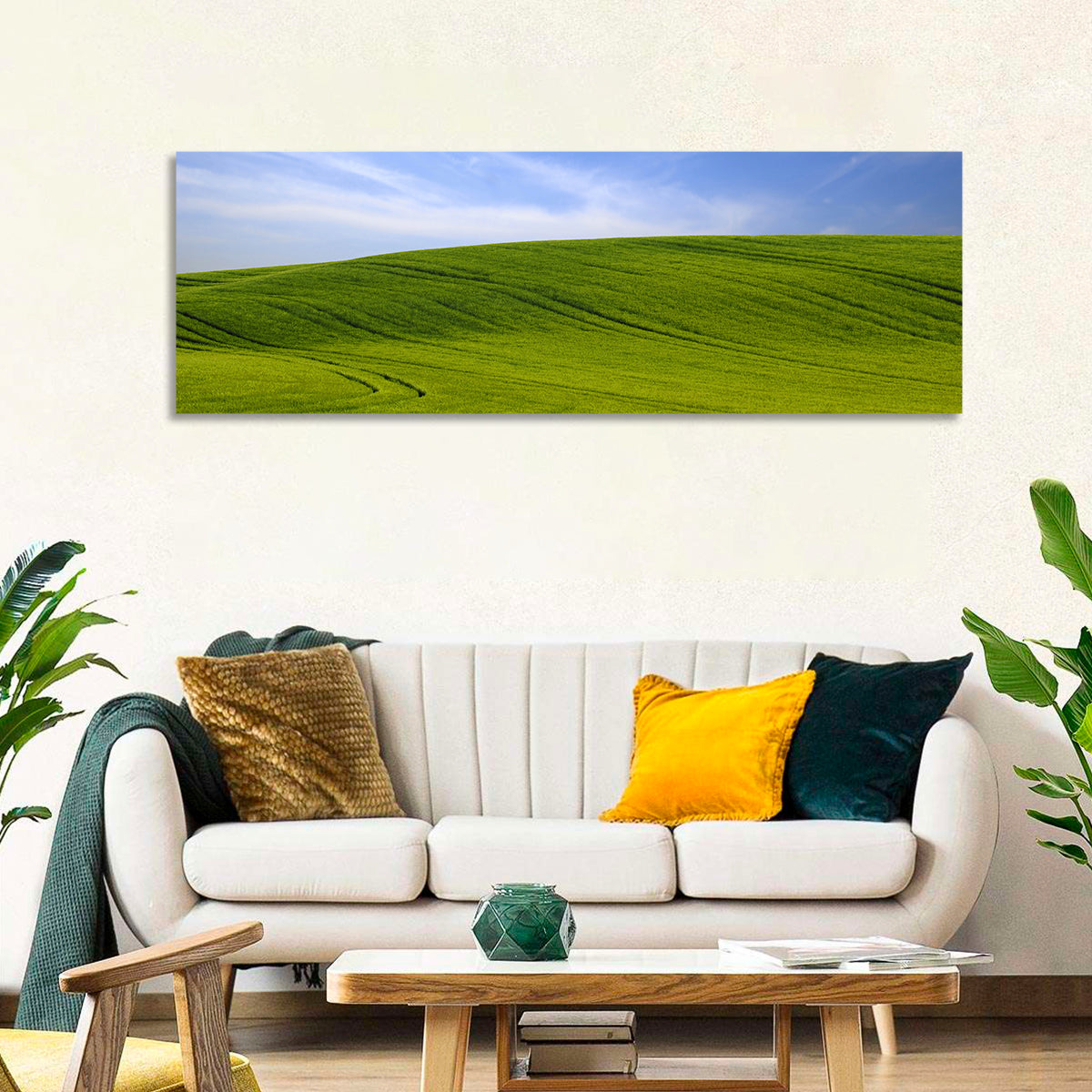 Rolling Green Hill with Blue Sky Wall Art in a room, panoramic