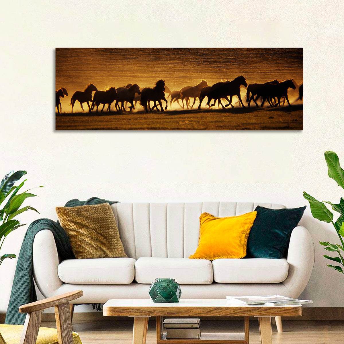 Running Wild Horses at Sunset Wall Art in a room, panoramic