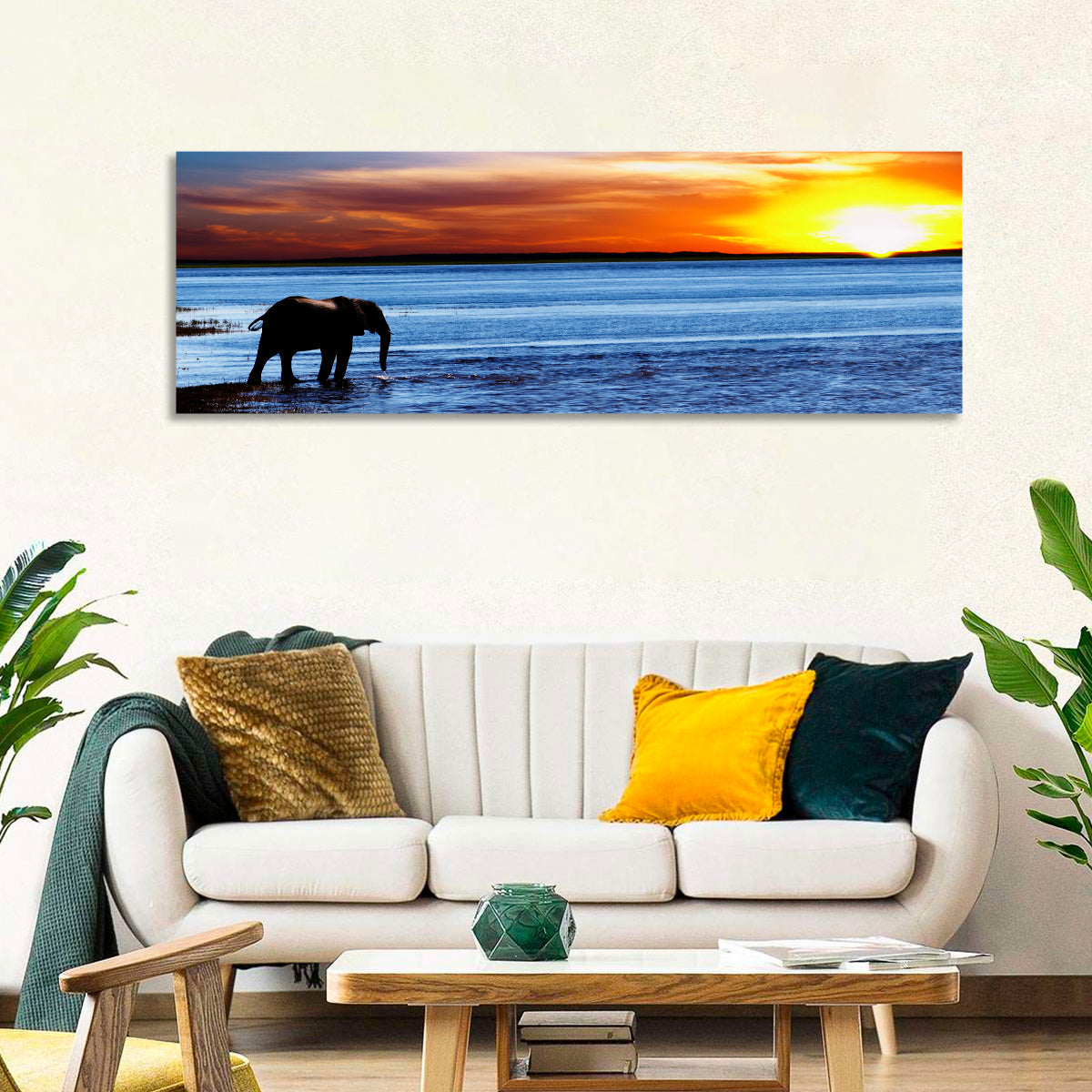 Elephant Silhouette at Beach Sunset Wall Art in a room, panoramic