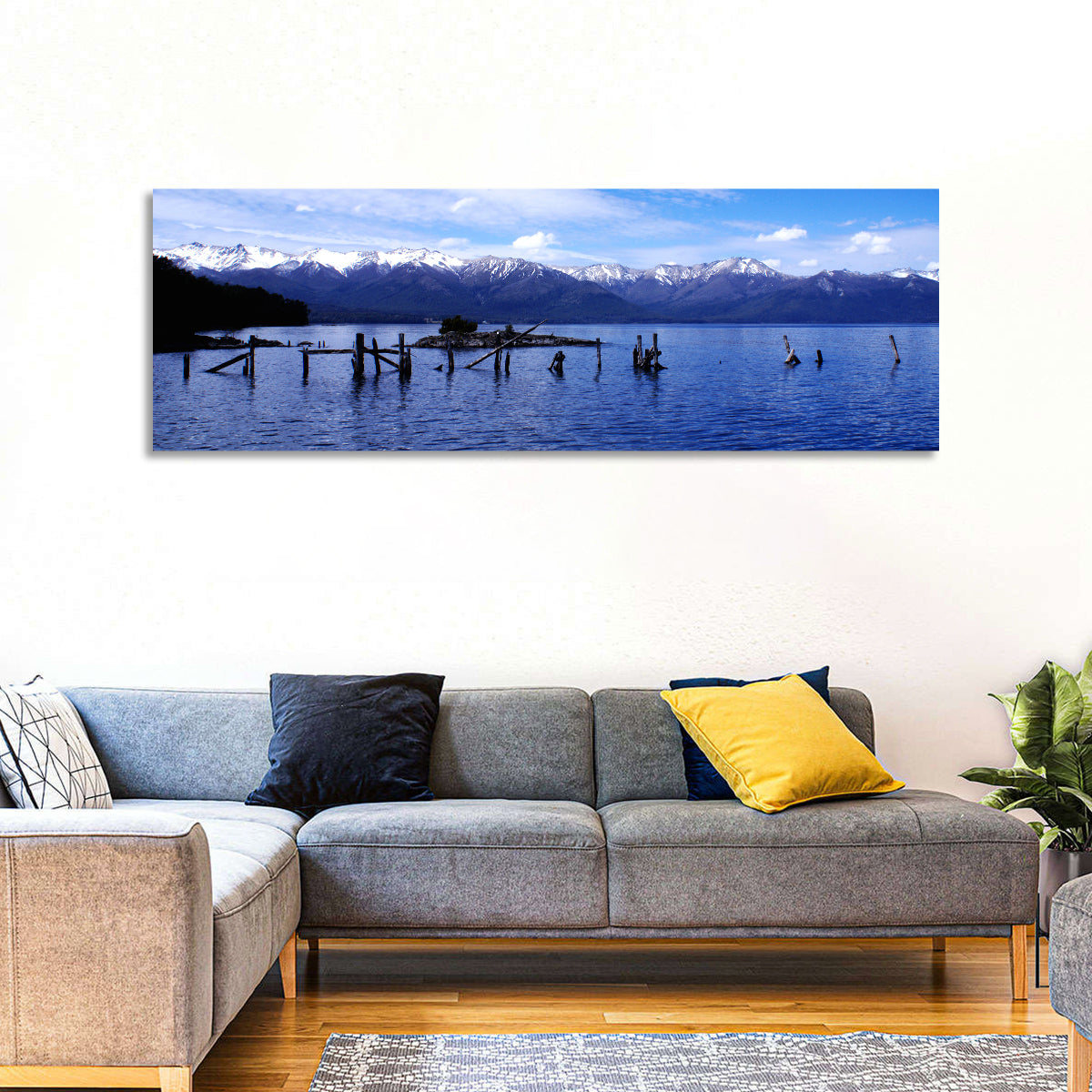 Nahuel Huapi Lake with Wooden Pilings Wall Art in a room, panoramic