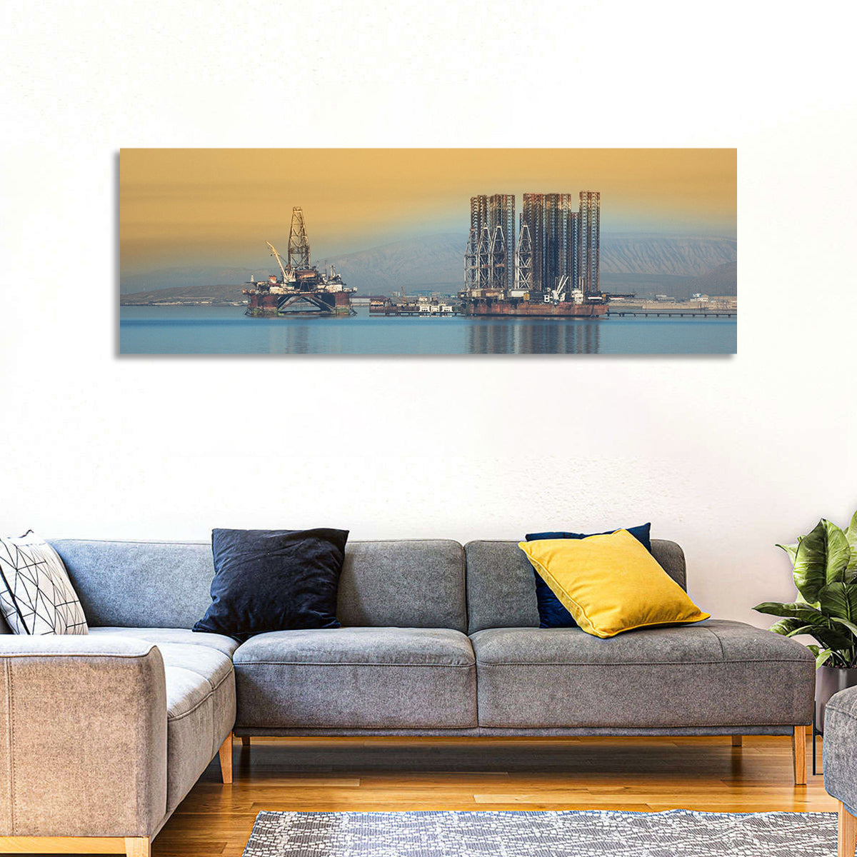 Baku Oil Rigs at Dusk Wall Art in a room, panoramic