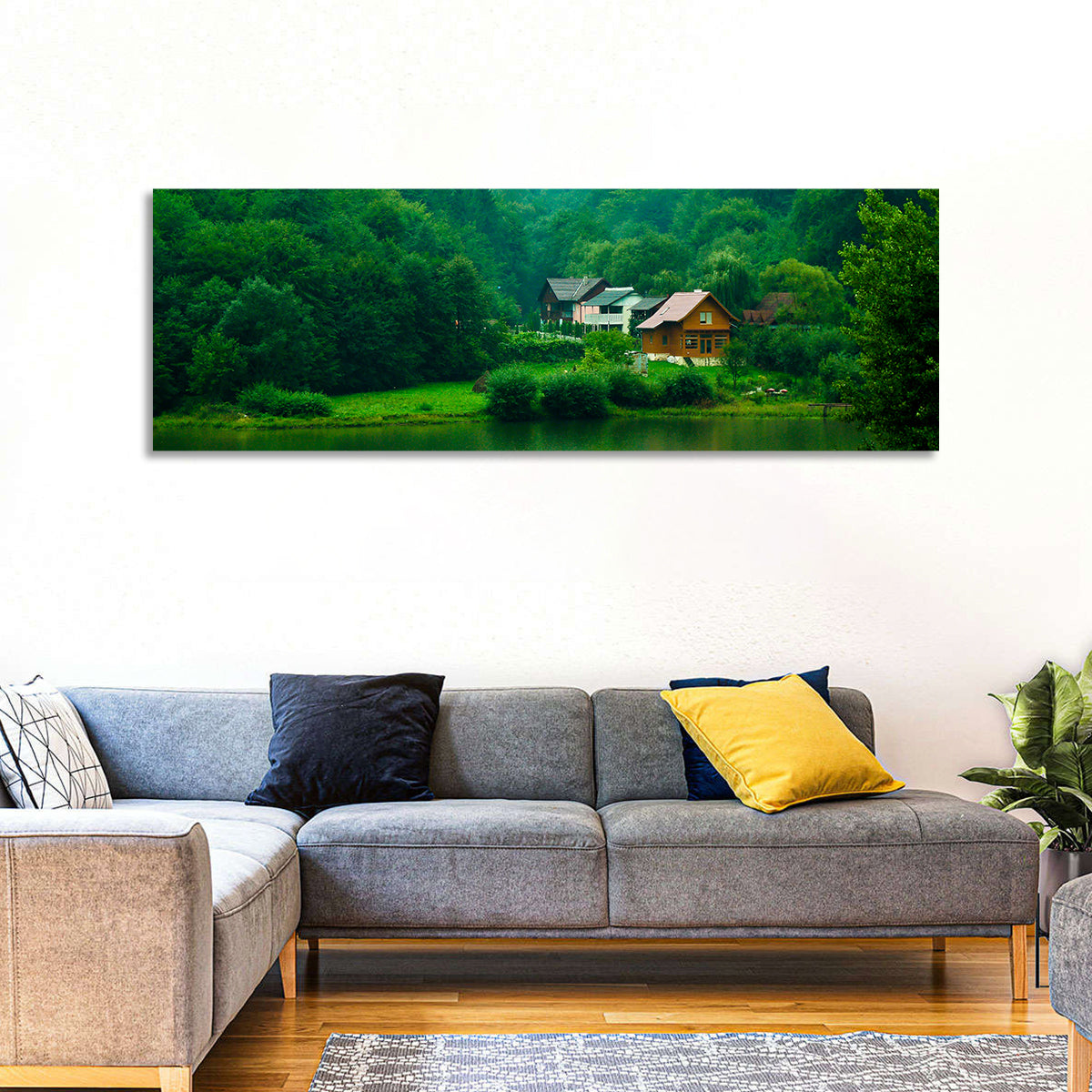 Mist Over Lake Tarnita Wall Art in a room, panoramic