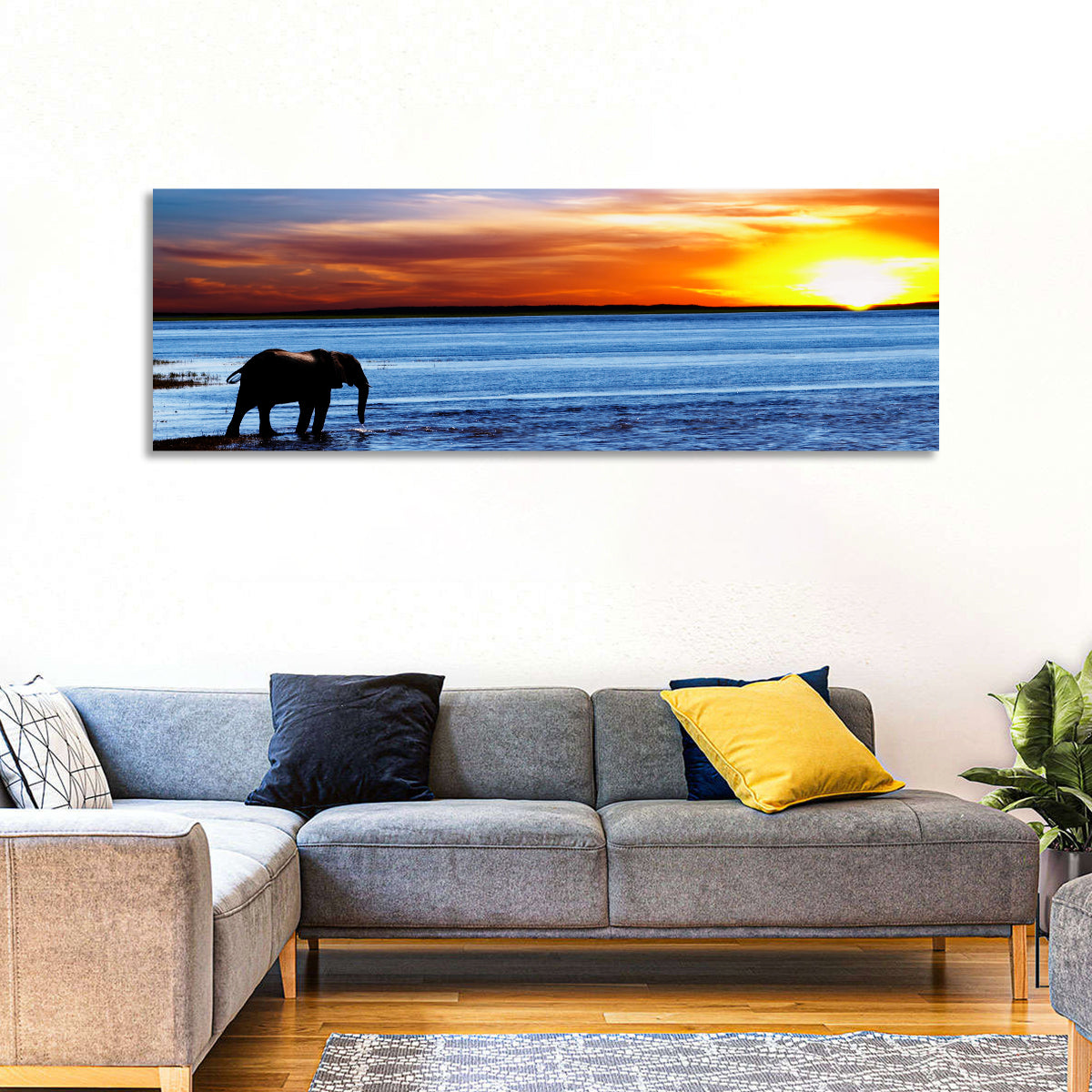 Elephant Silhouette at Beach Sunset Wall Art in a room, panoramic