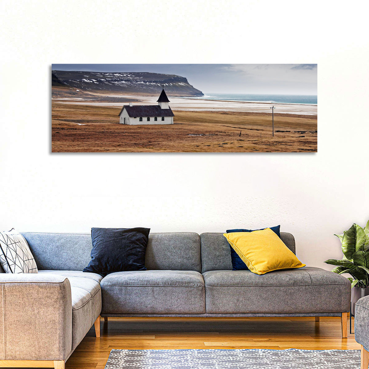 Icelandic Church with Dark Steeple Wall Art in a room, landscape