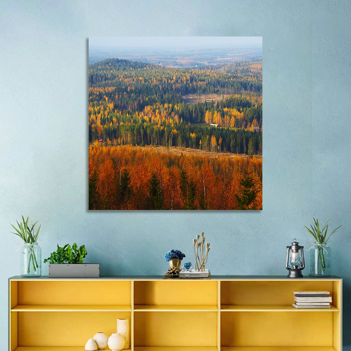 Finnish Autumn Landscape with Red-roofed House Wall Art in a room, landscape