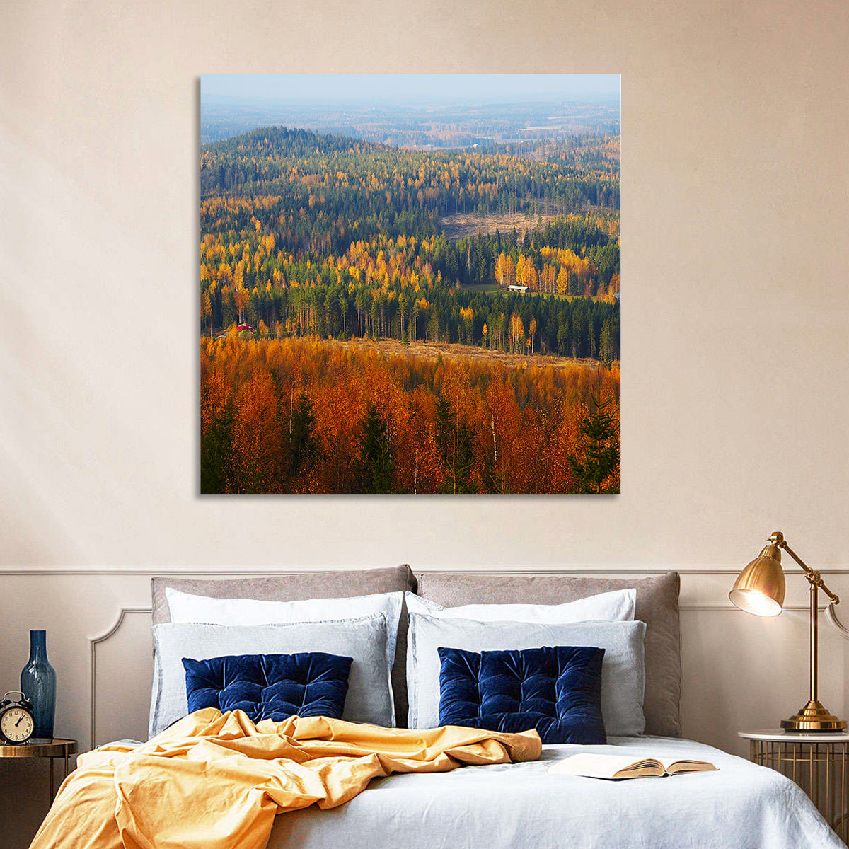 Finnish Autumn Landscape with Red-roofed House Wall Art in a room, landscape