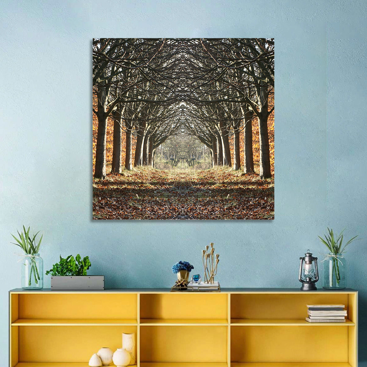 Danish Autumn Tree-lined Path Wall Art in a room, square