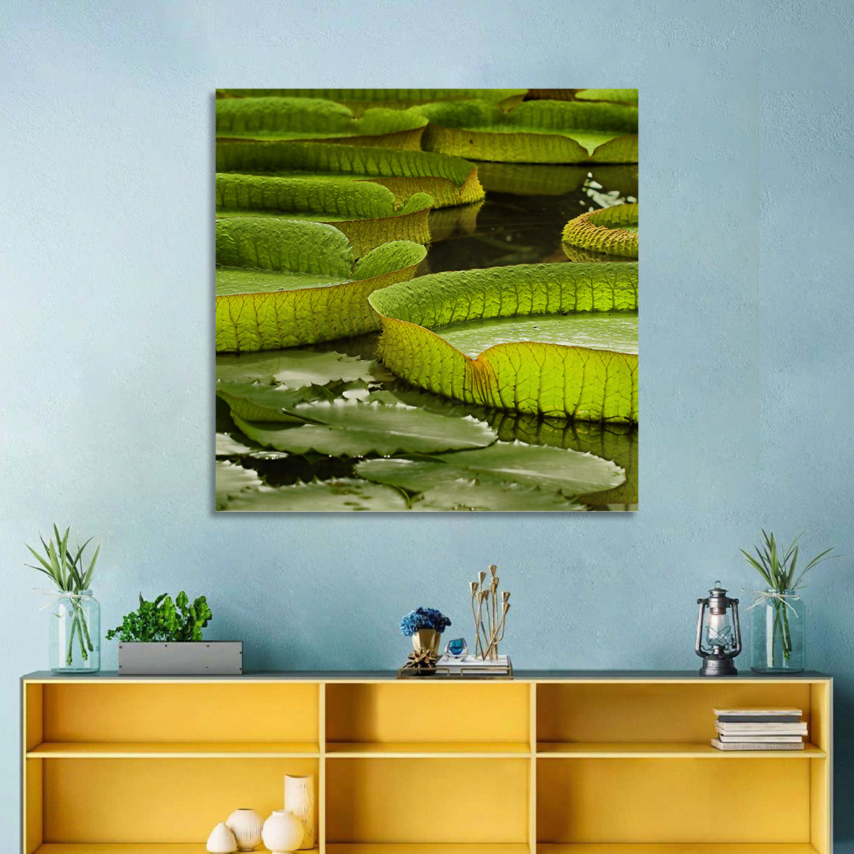 Giant Victoria Amazonica Lily Pads Wall Art in a room, square
