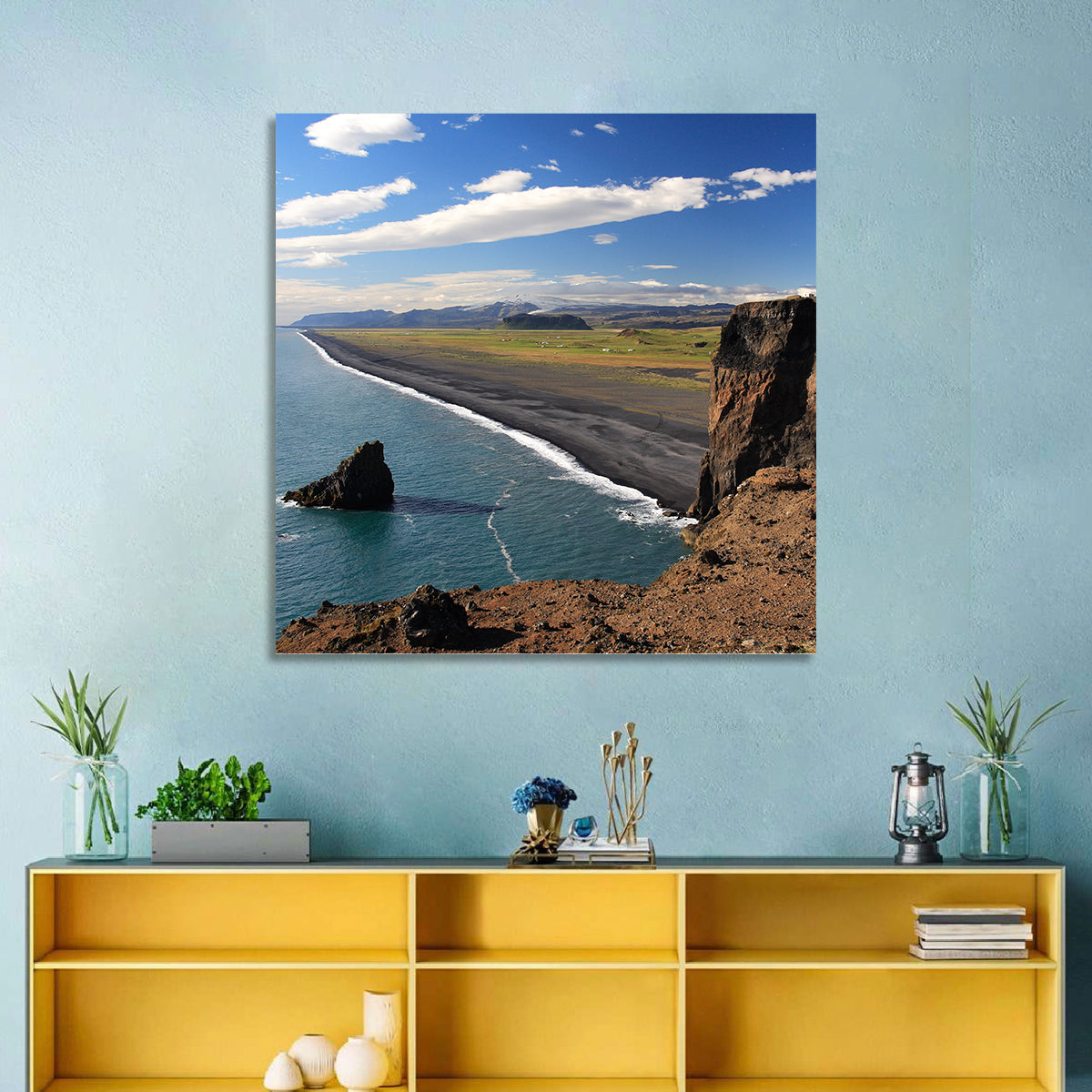 Dyrhólaey Black Sand Beach and Sea Stack Wall Art in a room, square