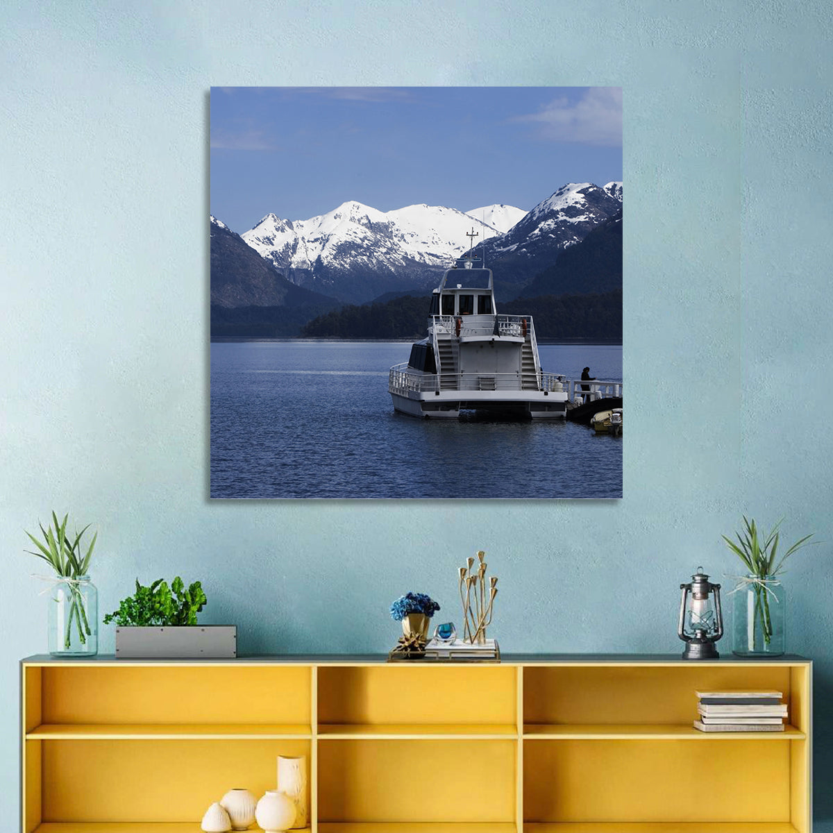 Lake Nahuel Huapi Catamaran and Snow-capped Mountains Wall Art in a room, square