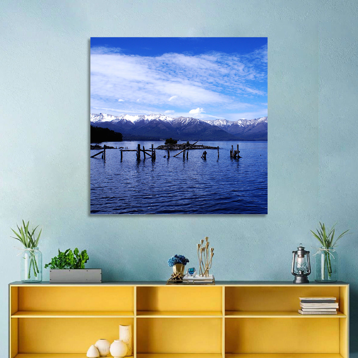 Nahuel Huapi Lake with Wooden Pilings Wall Art in a room, square