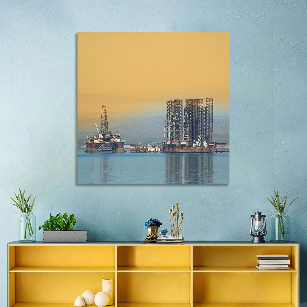 Baku Oil Rigs at Dusk Wall Art in a room, square