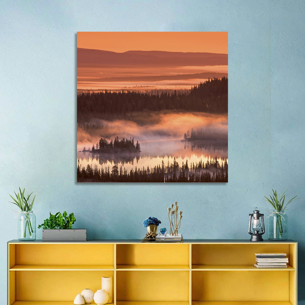 Lapland Sunrise Over Misty Lake Wall Art in a room, square