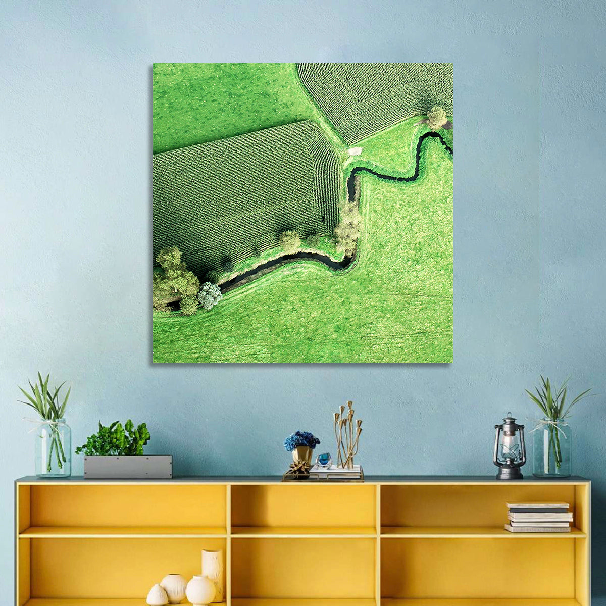 Meandering Stream Over Farmland Wall Art in a room, square