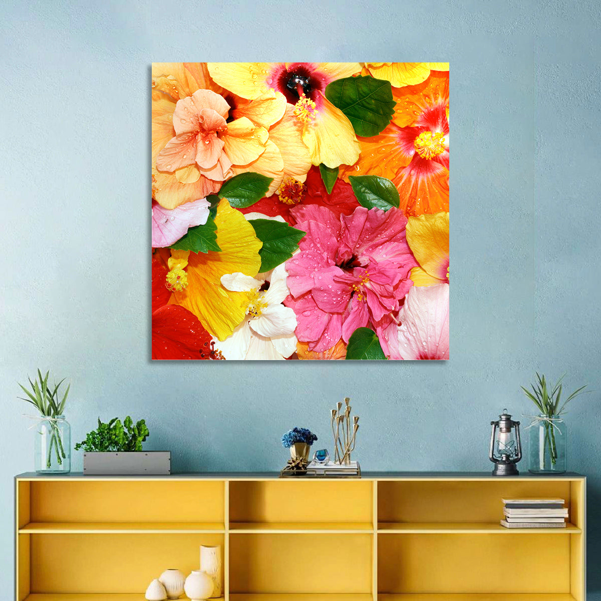 Vibrant Hibiscus Close-up Wall Art in a room, square