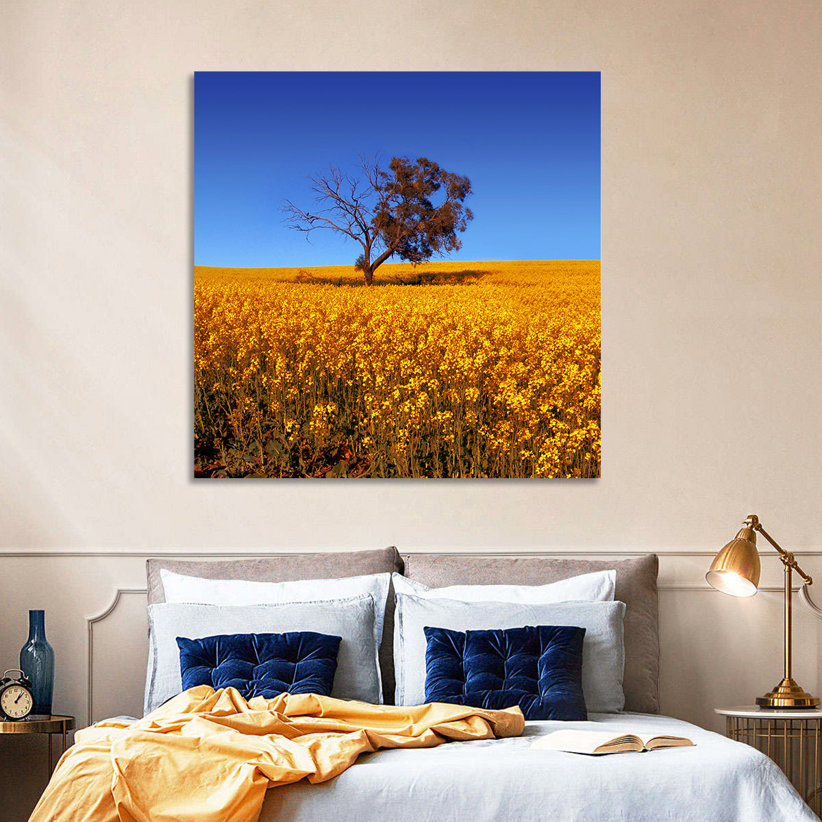 Canola Field with Lone Tree Wall Art in a room, square