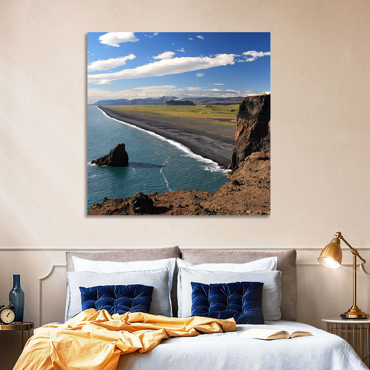 Dyrhólaey Black Sand Beach and Sea Stack Wall Art in a room, square