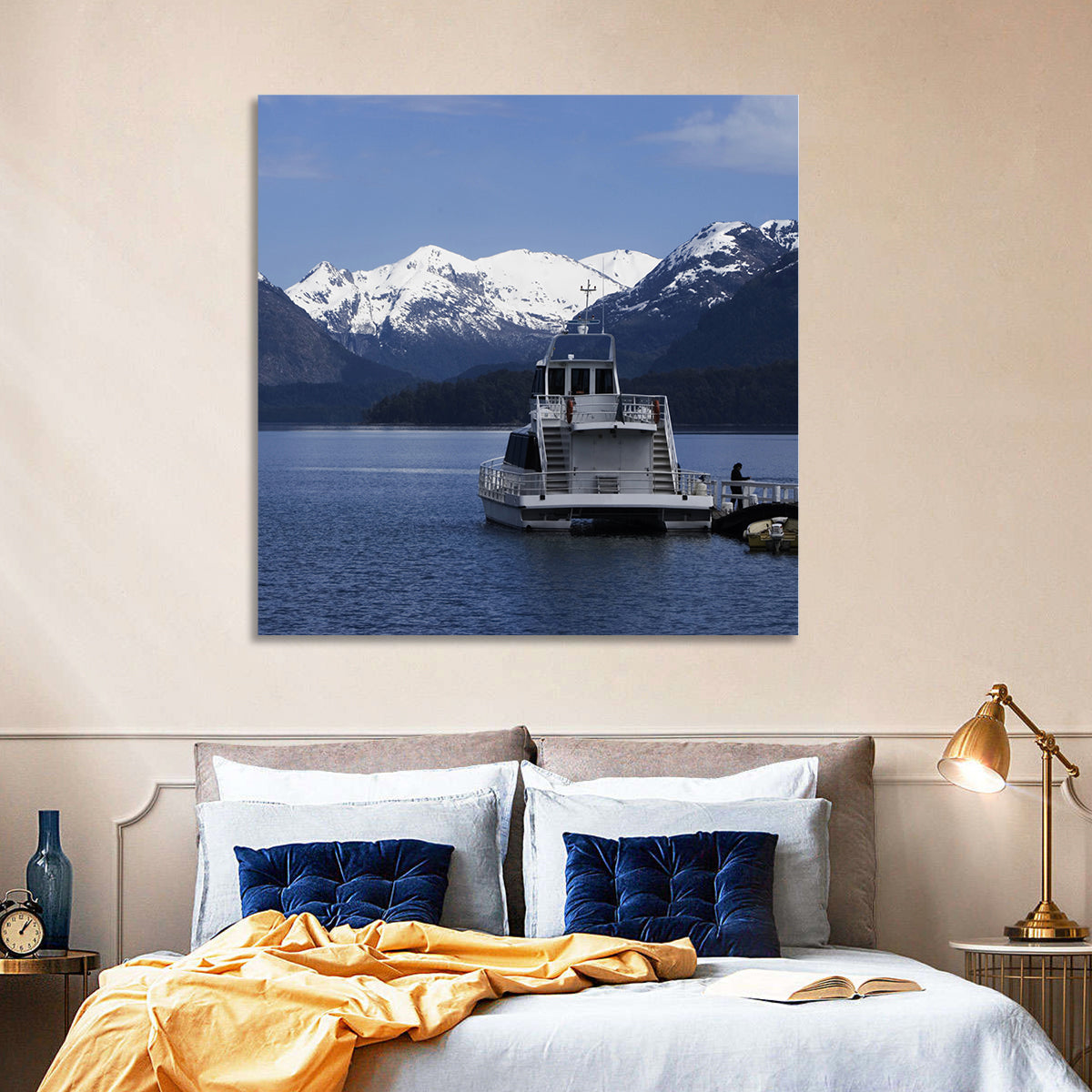 Lake Nahuel Huapi Catamaran and Snow-capped Mountains Wall Art in a room, square