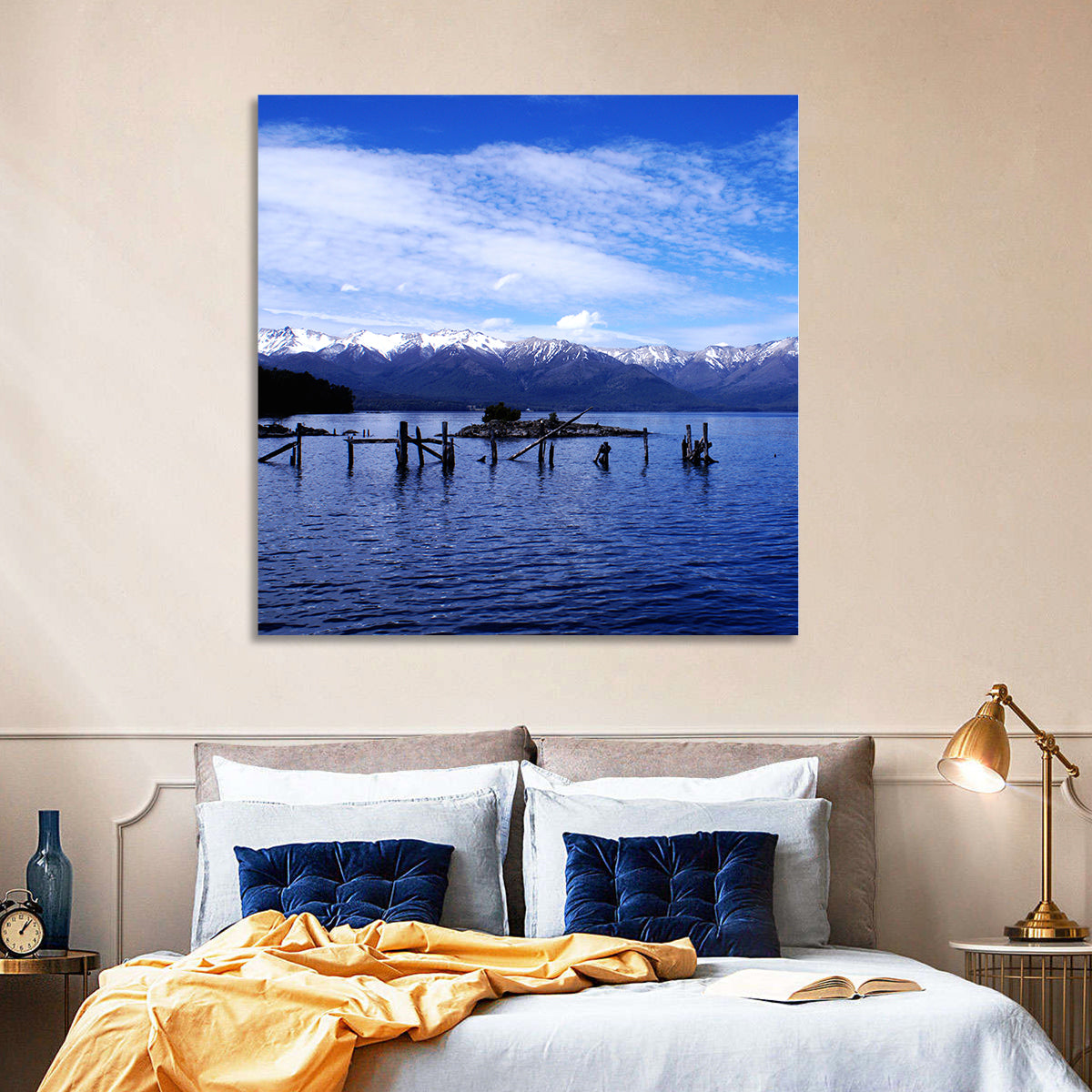 Nahuel Huapi Lake with Wooden Pilings Wall Art in a room, square