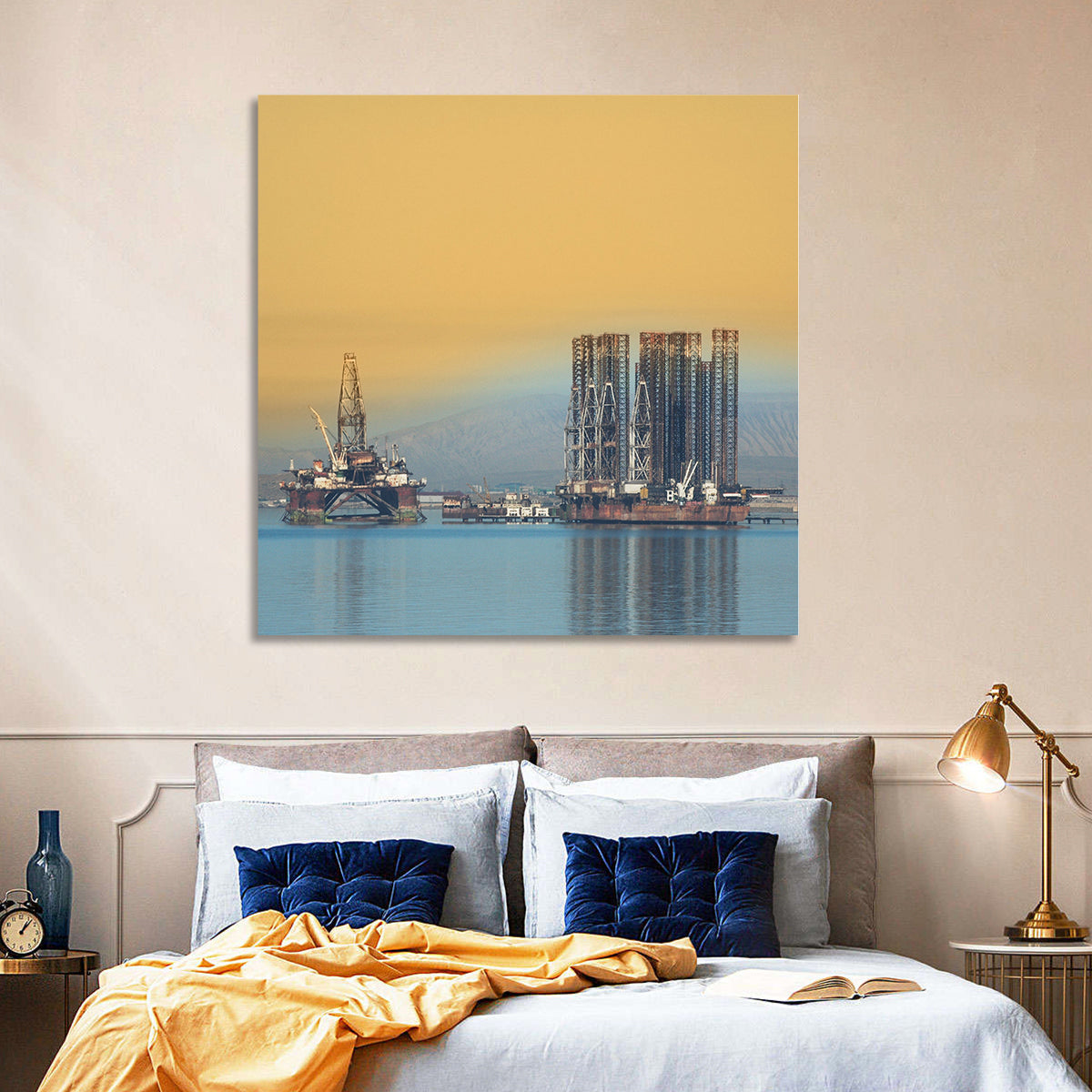 Baku Oil Rigs at Dusk Wall Art in a room, square