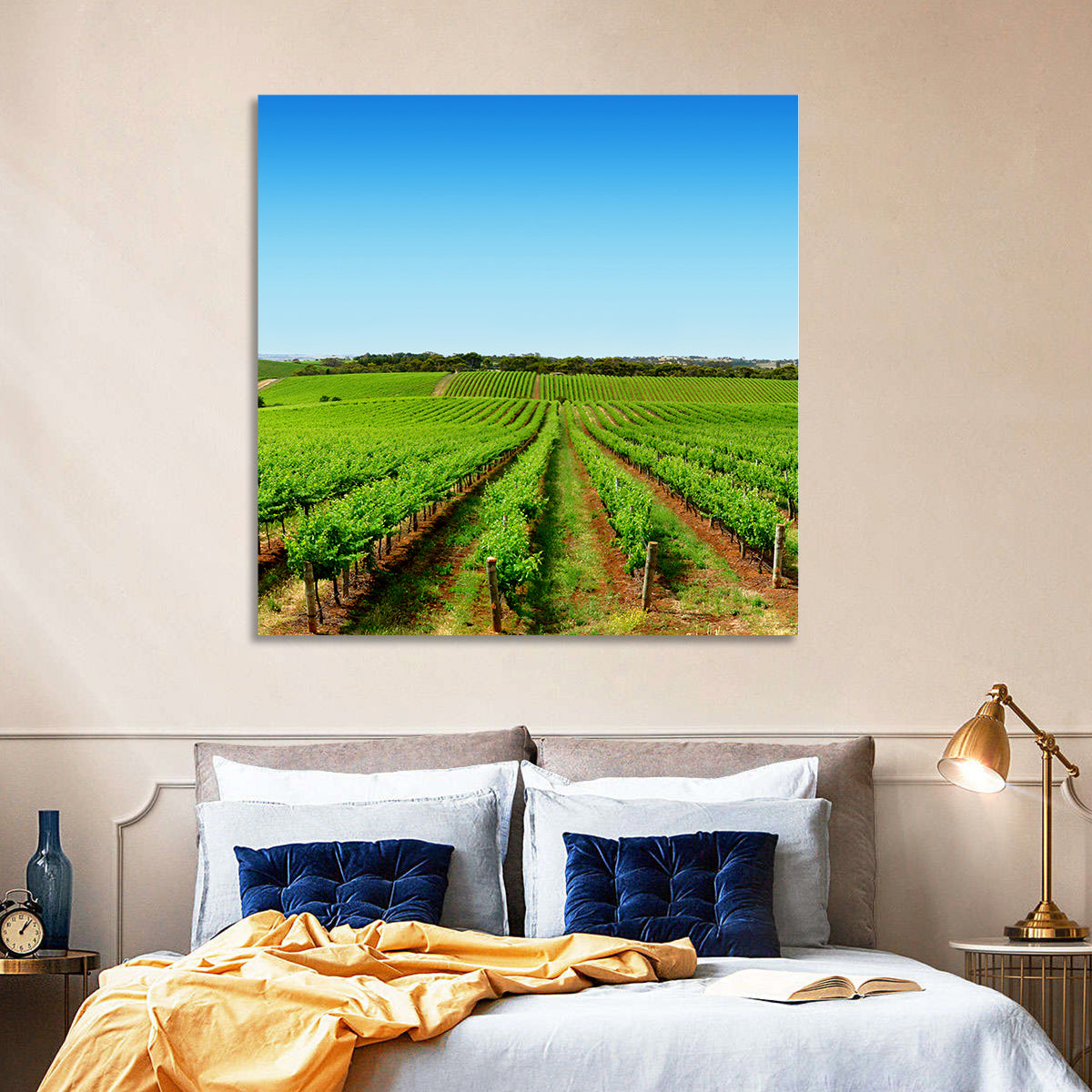 Sunlit Vineyard Rows Wall Art in a room, square